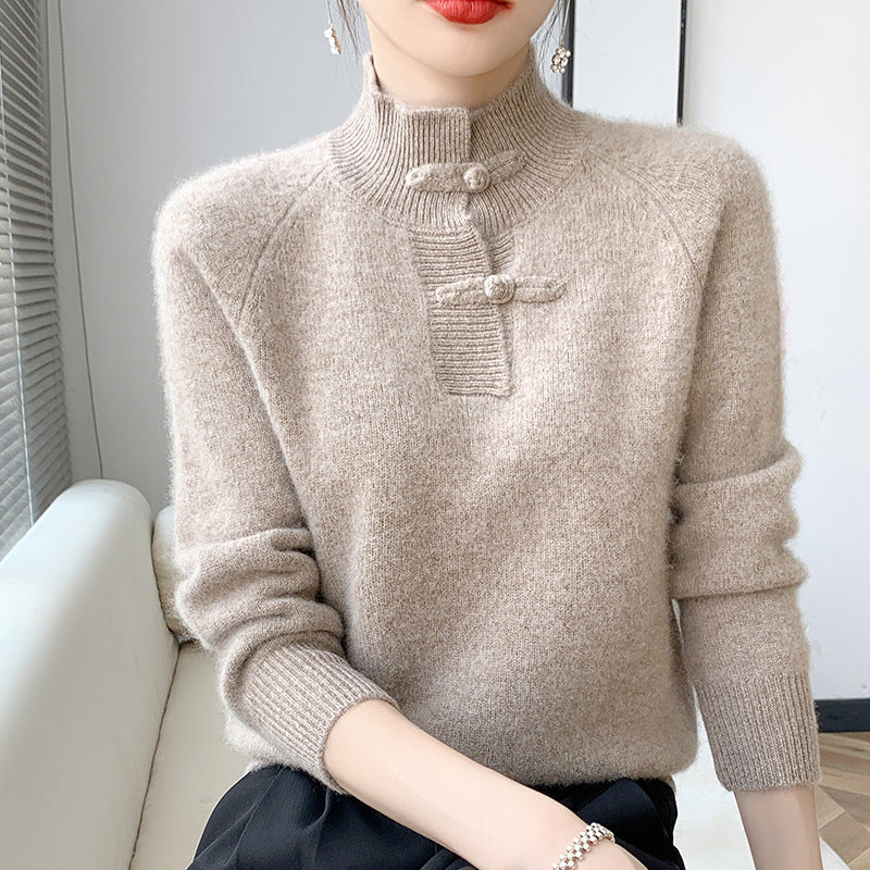 Women Cashmere-Look Mockneck Sweater with decorative Chichicherry button placket Chichicherry