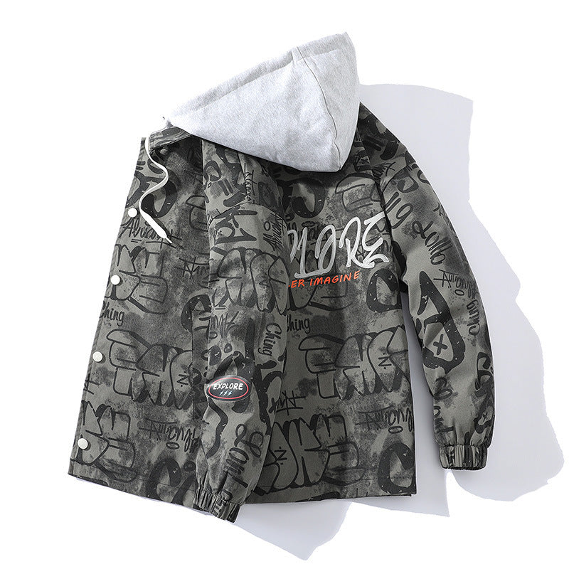 Men's Graffiti Print Hooded Parka with Zip-In Fleece Inner Layer Chichicherry