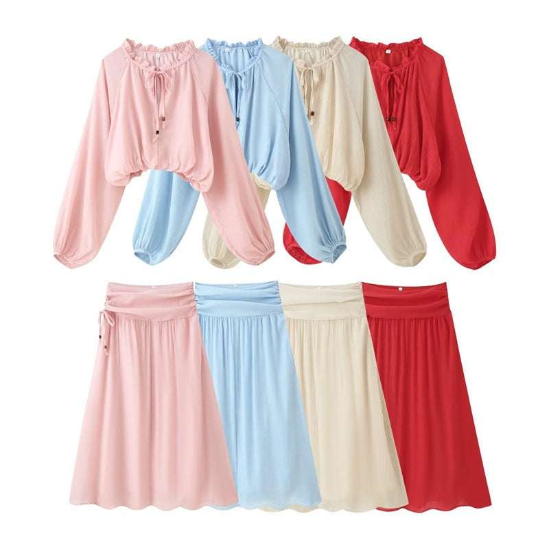 Women's Two-Piece Boho Set with Cropped Ruffle Blouse, Balloon Sleeves and High-Waisted Maxi Skirt Chichicherry