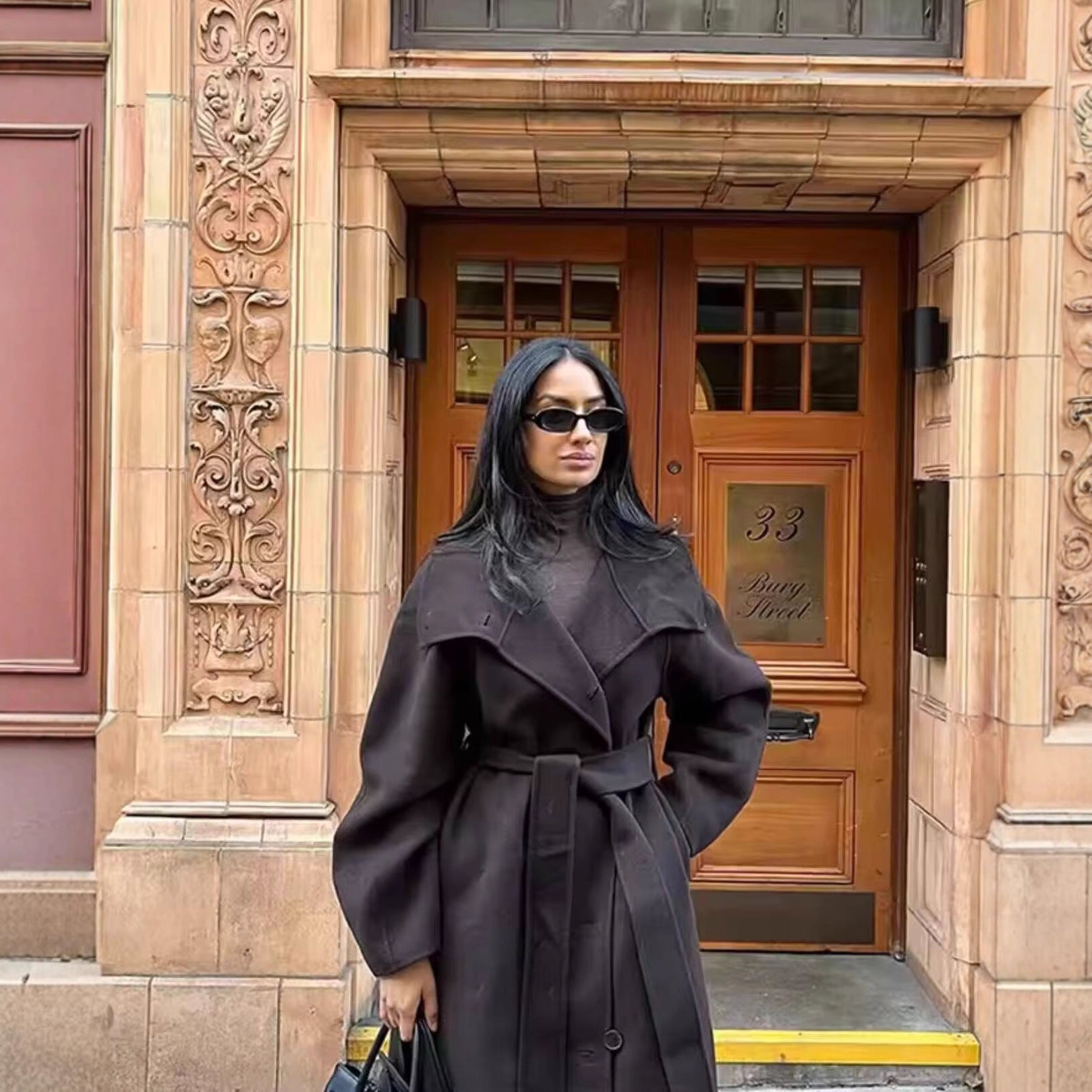 Women Tailored Wool Blend Coat with Tie Belt, Large Lapel and Warming Inner Flap Chichicherry
