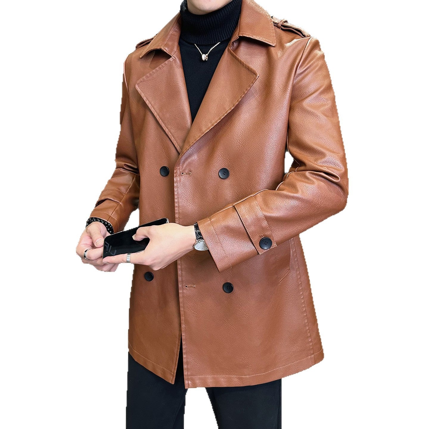 Men's Double-Breasted Faux Leather Trench Coat with Lapel Collar and Epaulettes Chichicherry