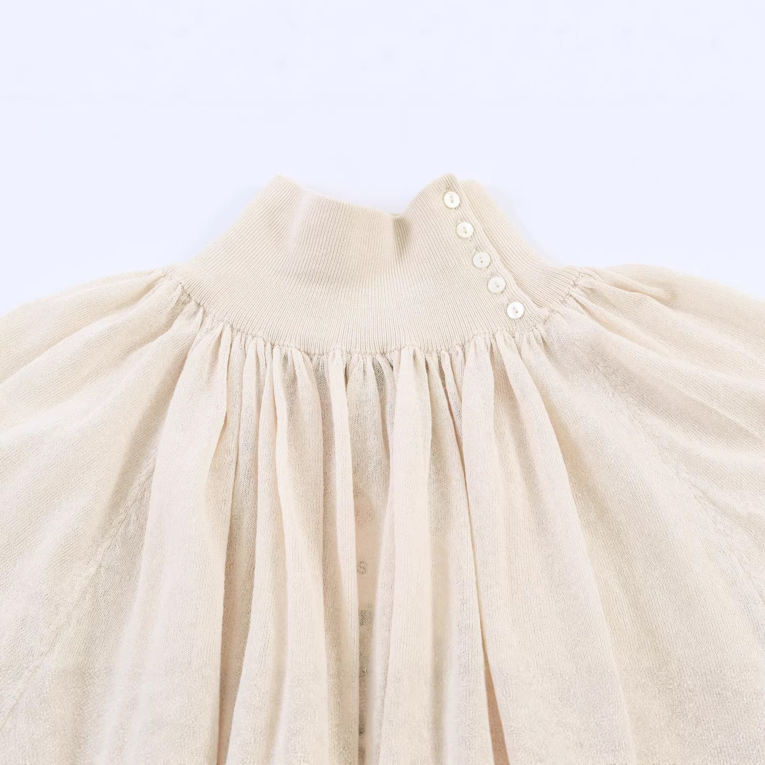 Women's Elegant Pleated Blouse with Stand Collar, Button Detail and Balloon Sleeves Chichicherry