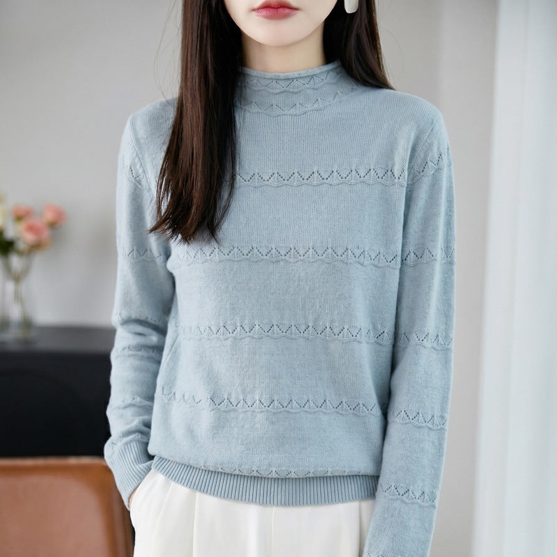 Women's Light Openwork Knit Sweater with Short Standing Collar and Fine Ribbed Hem Chichicherry