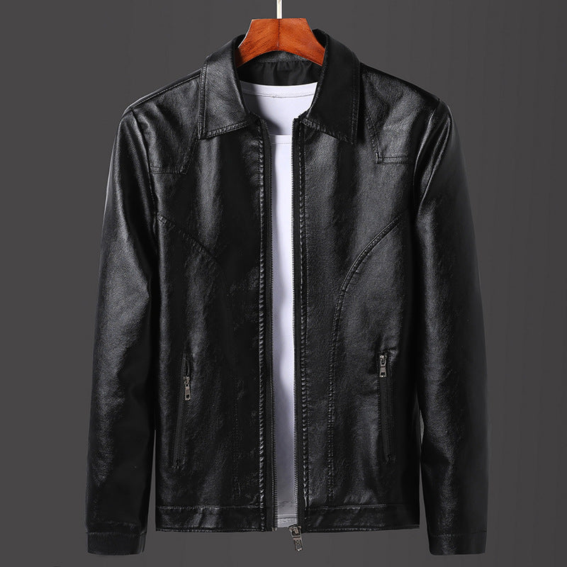 Men's Minimalistic Leather Effect Zip Blouson with Ergonomic Seam Lines and Shirt Collar Chichicherry