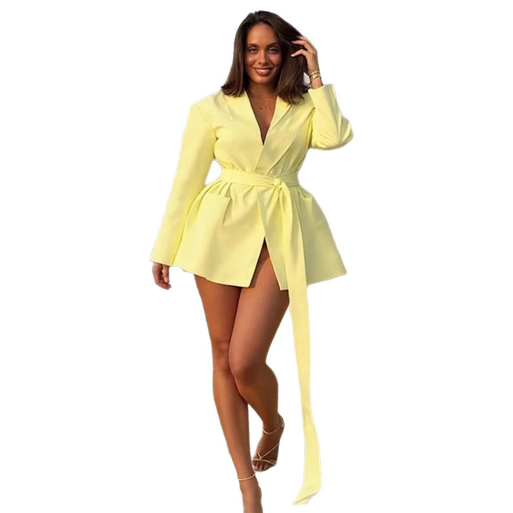 Women's Tailored Blazer Dress with Draped Tie Belt and Structured Shoulders Chichicherry