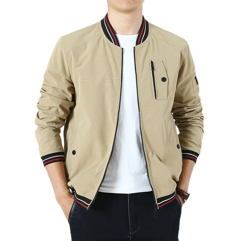 Men's Lightweight Bomber Jacket in Retro Sports Style with Ribbed Collar and Zipper Pocket Detail Chichicherry