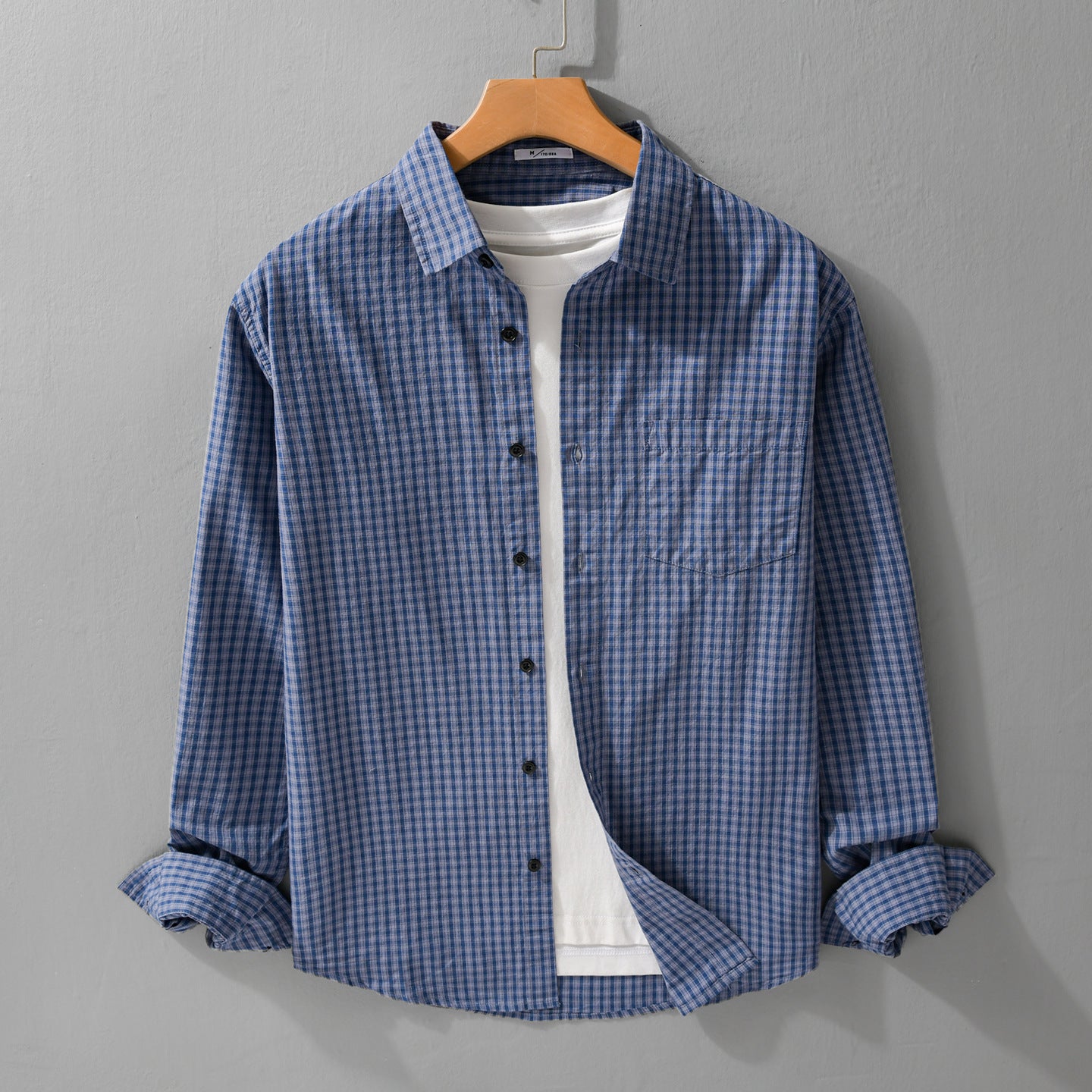 Men's Micro-Check Cotton Shirt in Casual Layering Style with Chest Pocket Chichicherry
