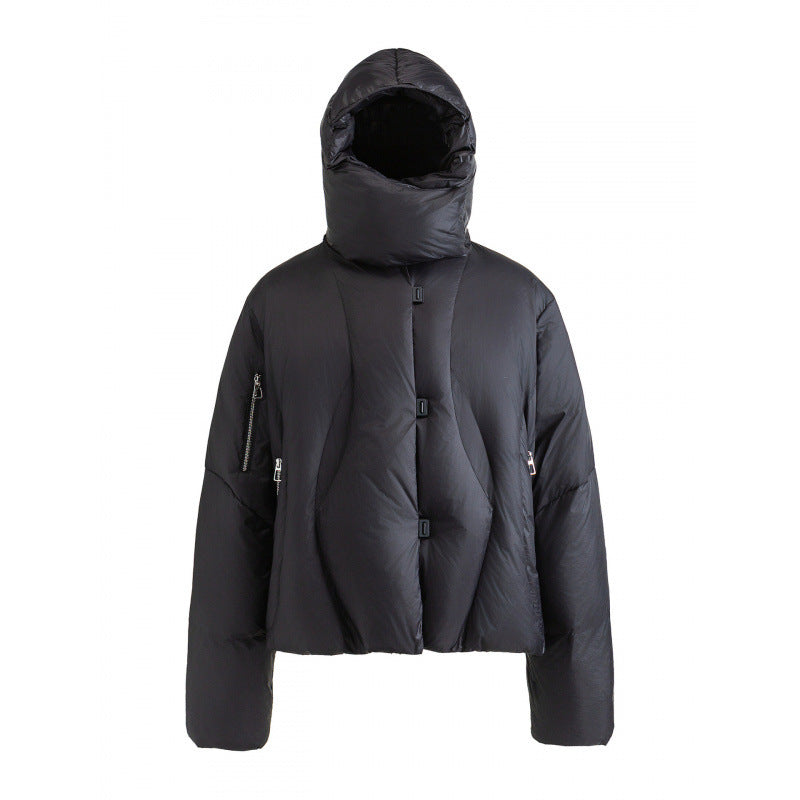 Unisex Short-cut quilted jacket with high collar, hood and zippers Chichicherry