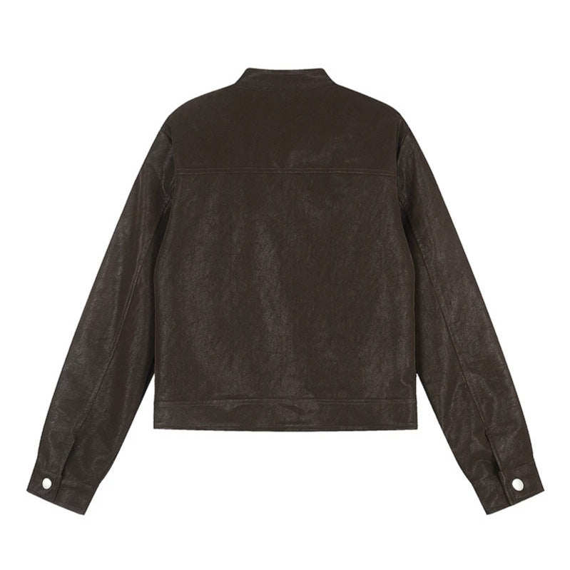 Women short-cut biker jacket made of faux leather with asymmetrical zipper Chichicherry