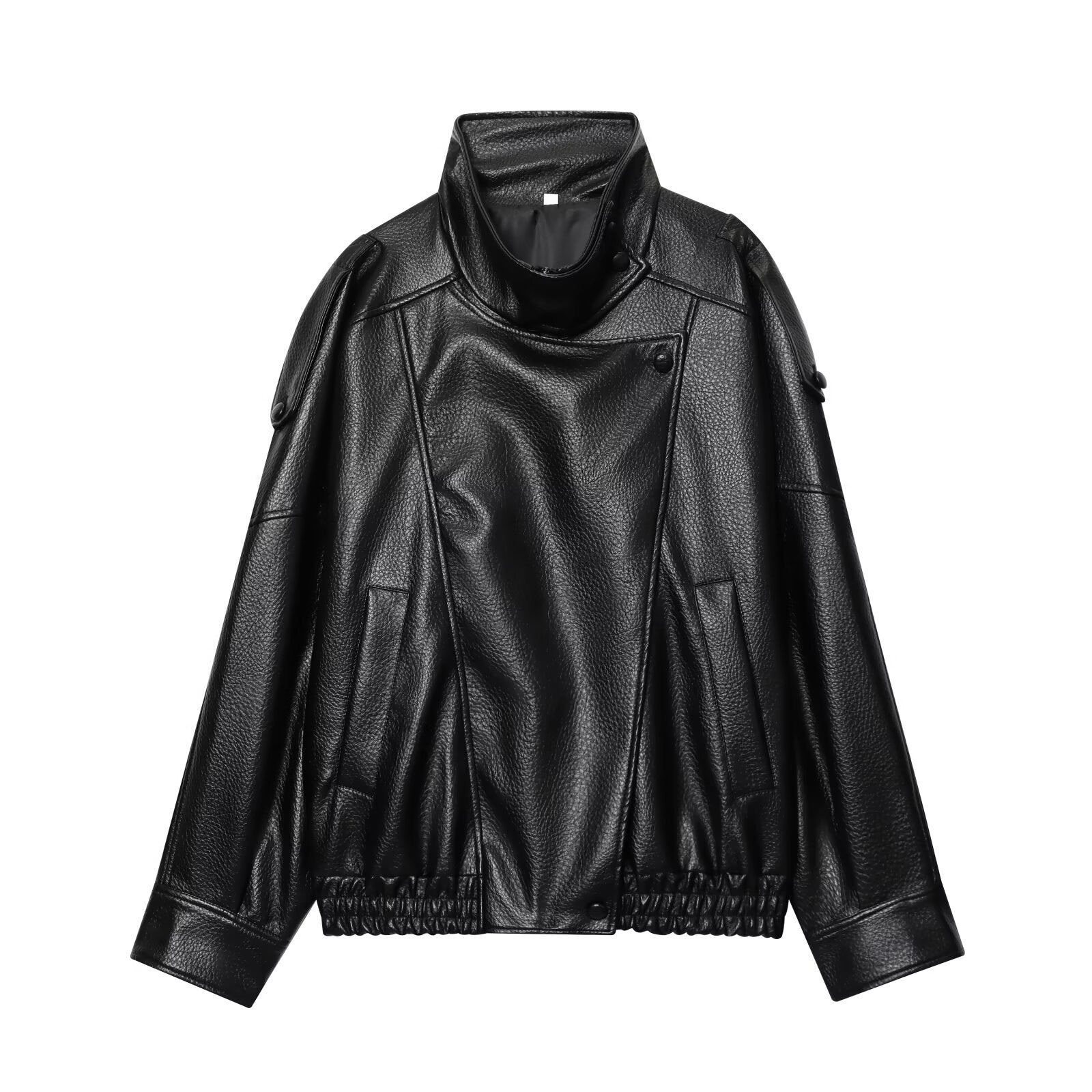 Women's cropped leather blouson with high stand collar, boxy silhouette, and voluminous sleeves Chichicherry