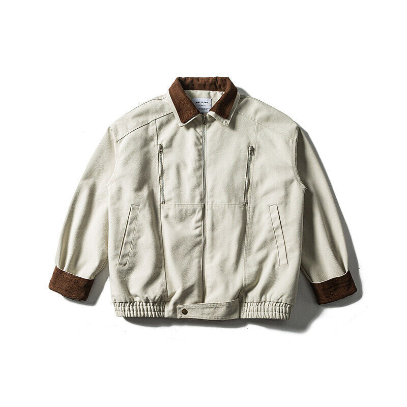 Men's Boxy Canvas Blouson Jacket with Cord Collar, Zipper Chest Pockets and Elastic Hem Chichicherry