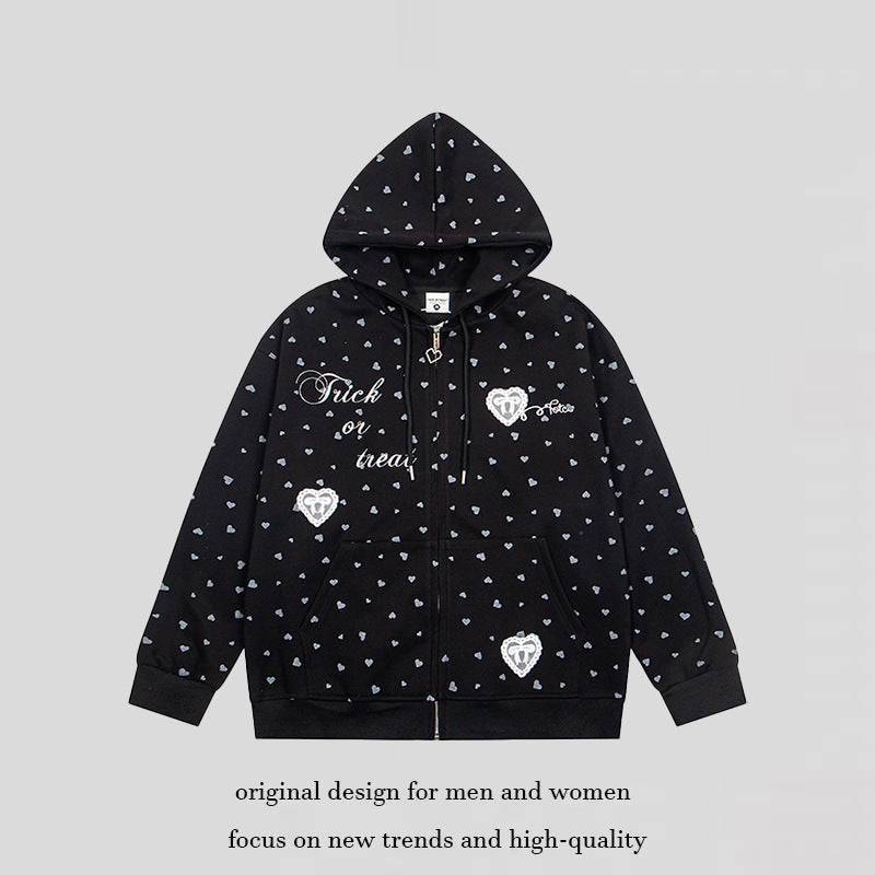 Women's hoodie sweat jacket with full-length zipper, all-over heart print and statement embroidery Chichicherry