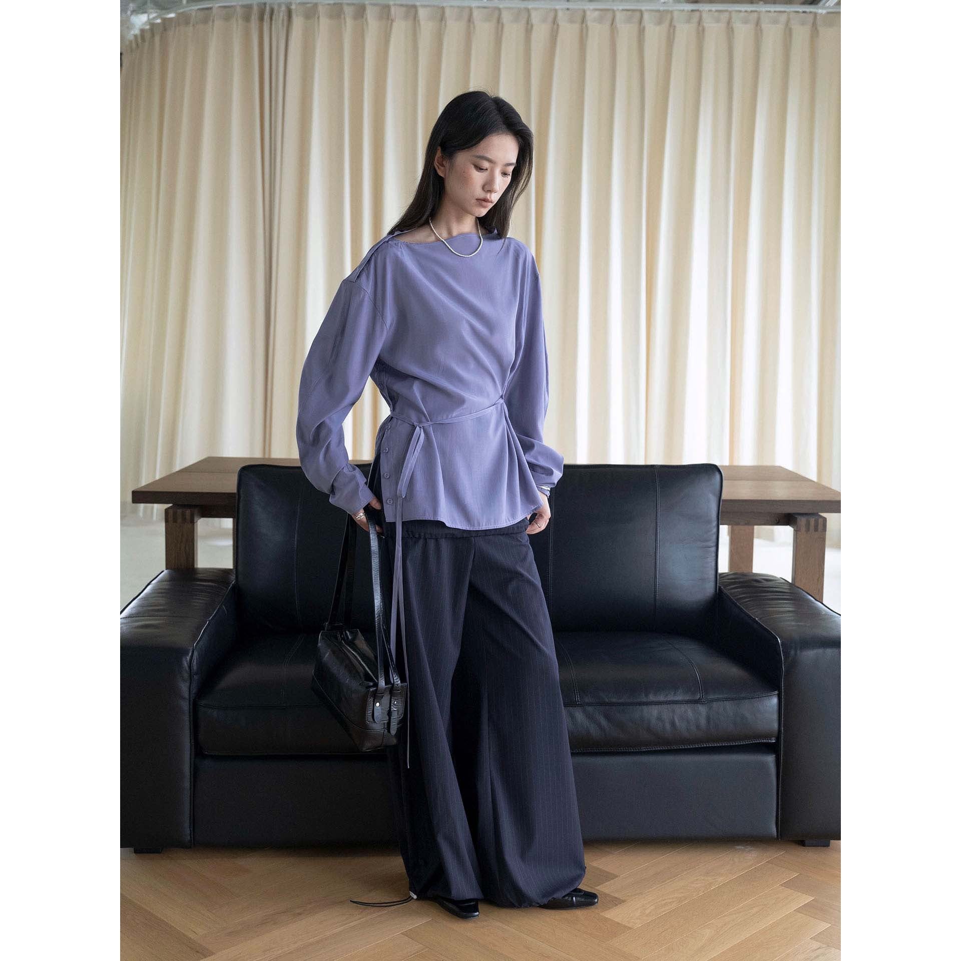 Women Asymmetric One-Shoulder Wrap Blouse made of Satin Chichicherry
