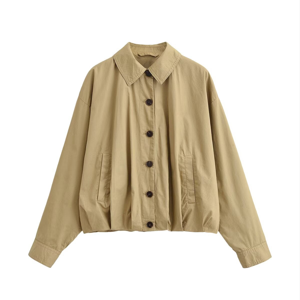 Women's Lightweight Cropped Bomber Jacket with Button Placket and Elastic Hem Chichicherry