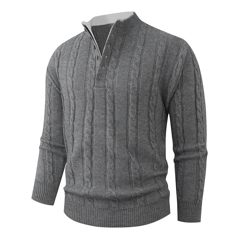Men's Structured Cable Knit Sweater with Button Placket and Stand Collar Chichicherry