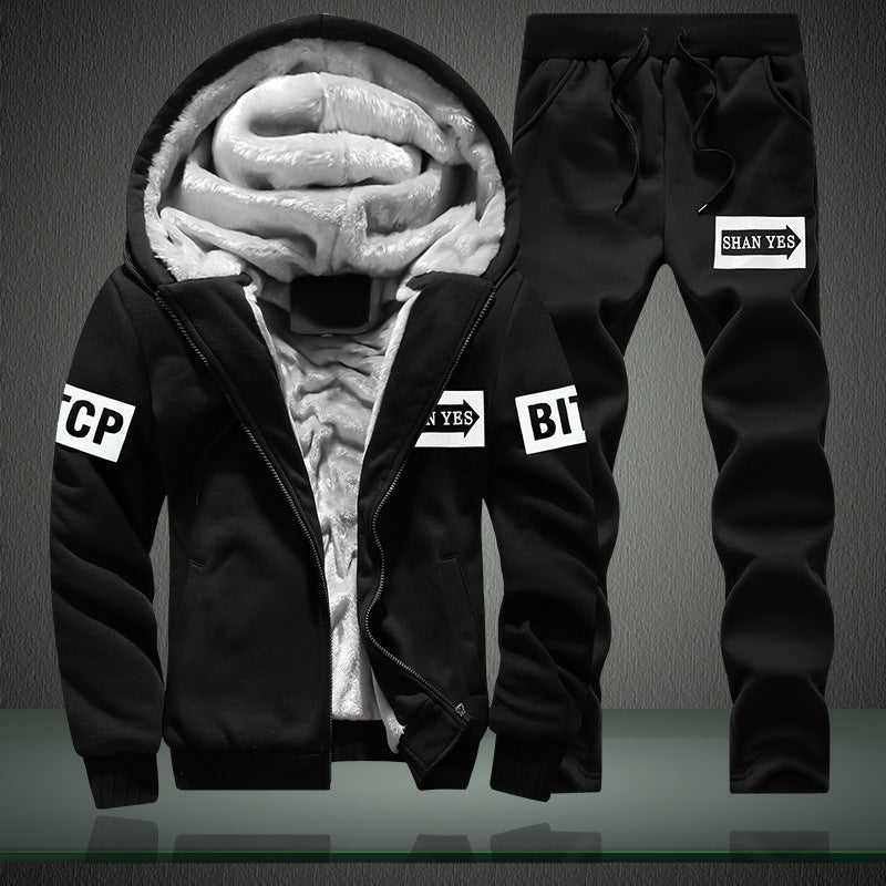 Men's warm two-piece training set with teddy lining, hooded jacket and drawstring jogging pants Chichicherry