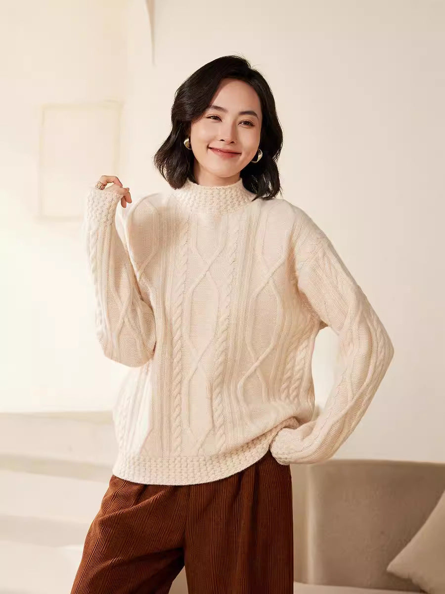 Women's cable knit mock neck sweater with short boxy silhouette Chichicherry