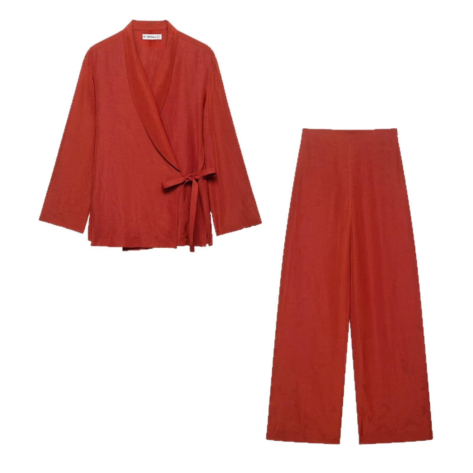 Ladies Wrap Kimono Set with Waist Tie and Wide Palazzo Pants Chichicherry