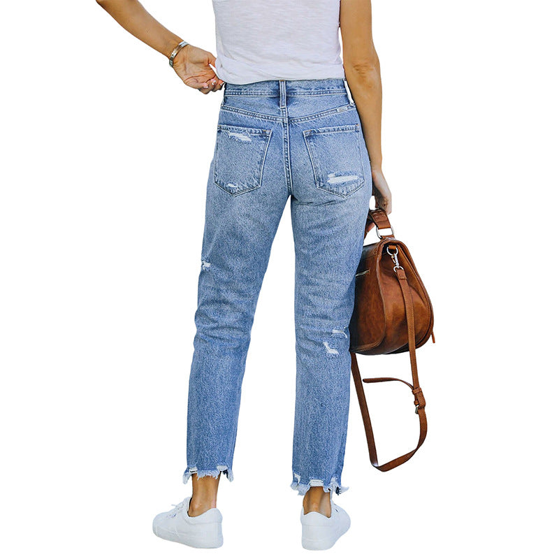 Women's High-Waist Jeans with straight leg, destroyed look and raw hem Chichicherry