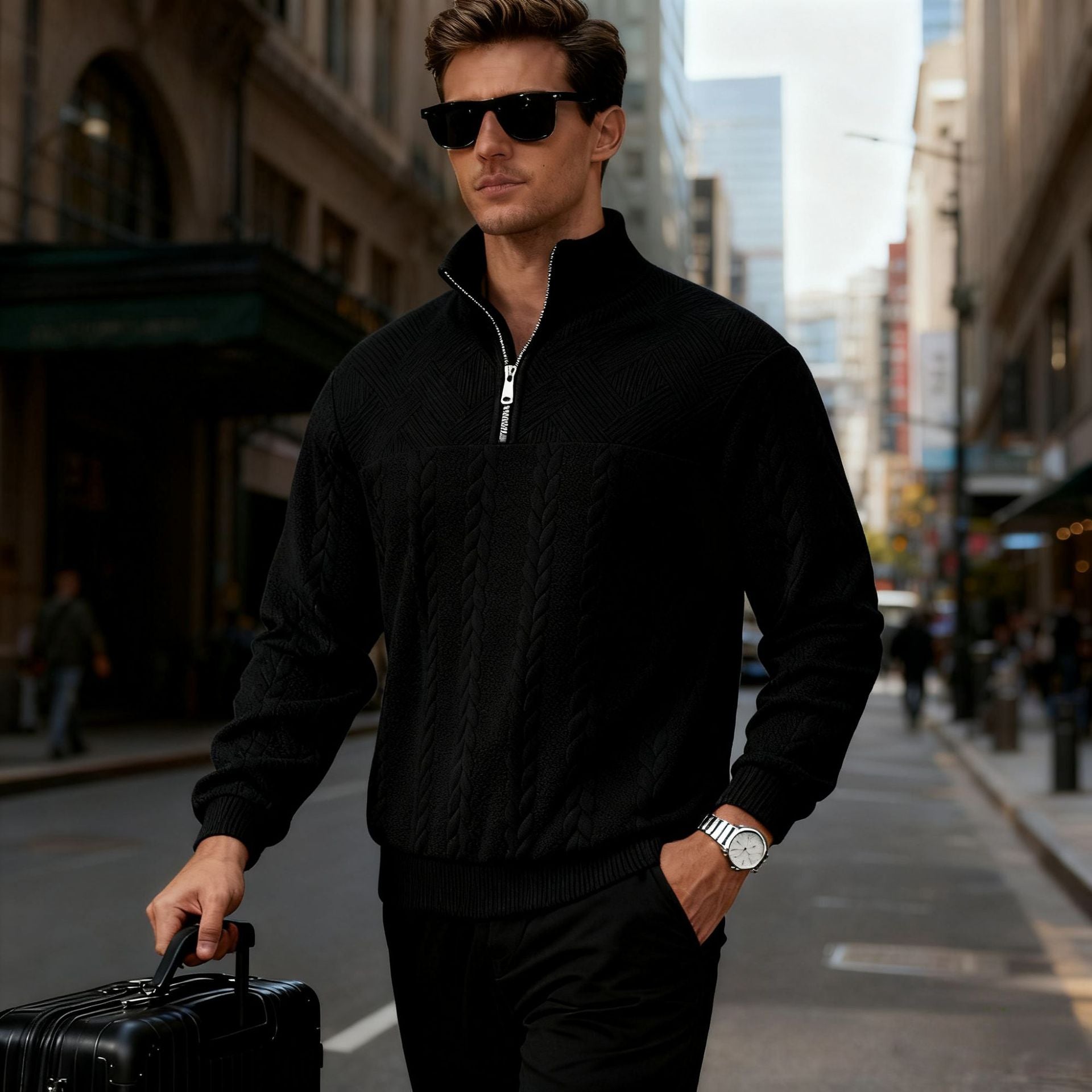 Men's chunky knit half-zip sweater with cable pattern and stand-up collar Chichicherry
