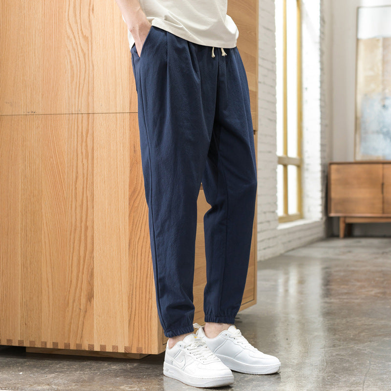 Men's Relaxed-Fit Linen Blend Jogging Pants with Pleats, Drawstring, and Elastic Cuffs Chichicherry