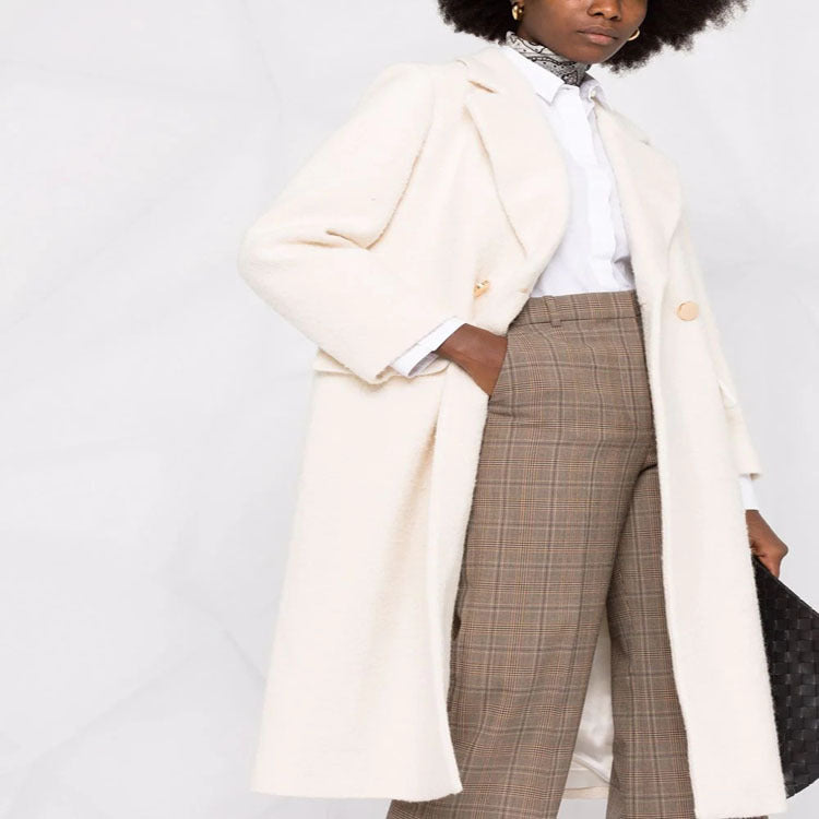 Women Mid-length Tailored Wool Blend Coat with Double Breasted, Patch Pockets and Subtle Decorative Buttons Chichicherry