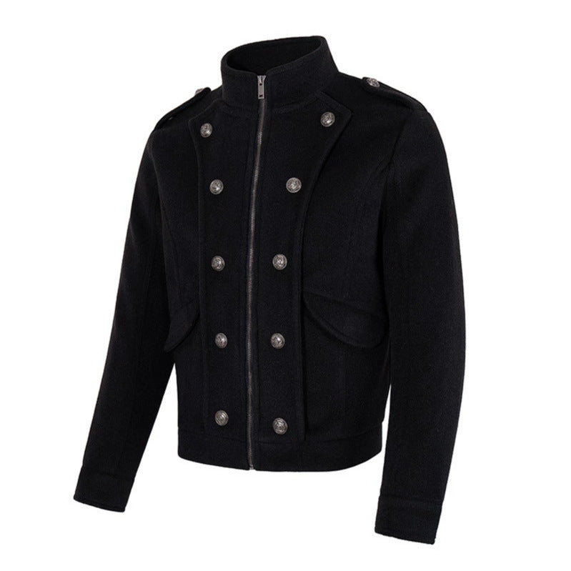 Men's short military-inspired wool jacket with stand-up collar & double-breasted decorative buttons Chichicherry