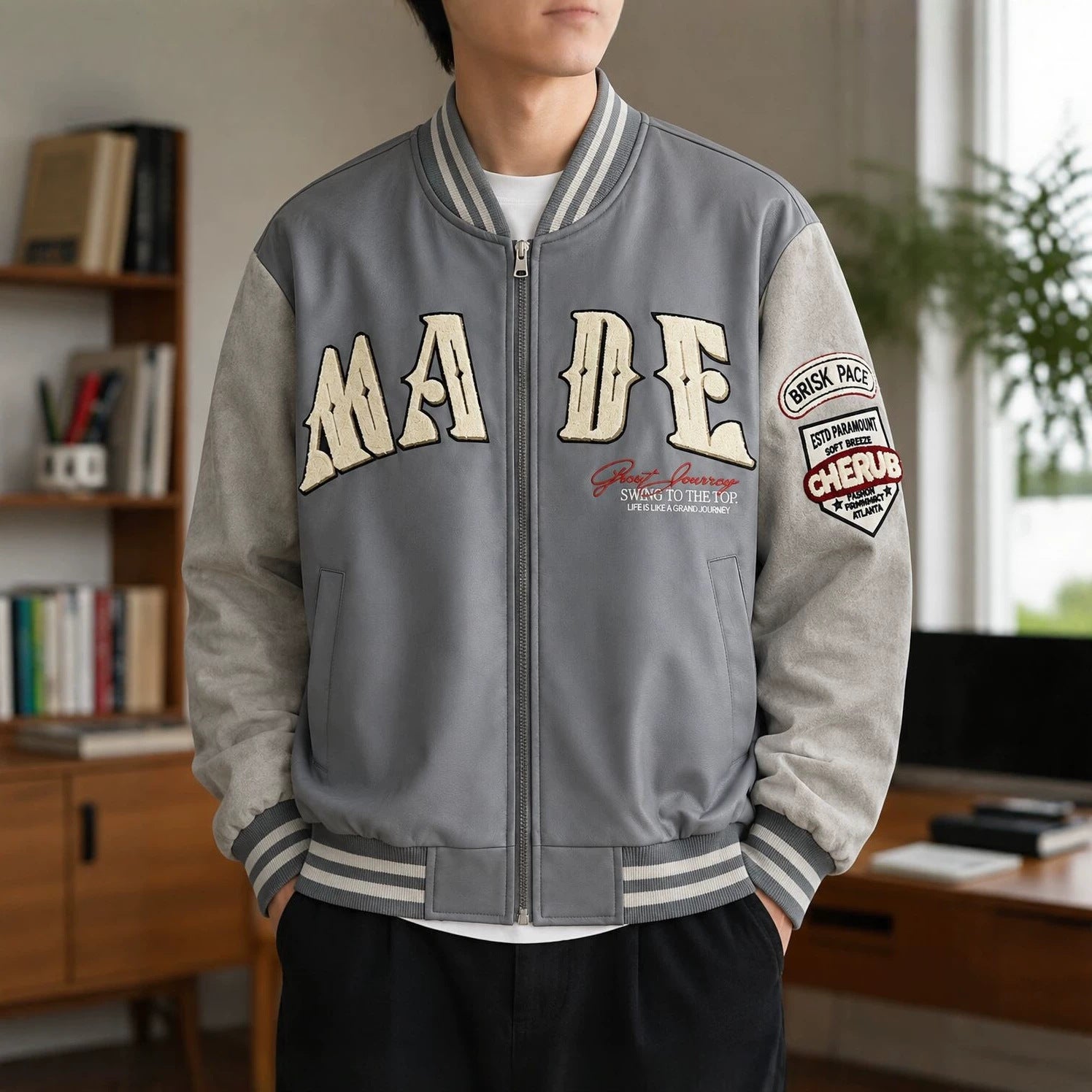 Men's college jacket in letterman style with faux leather body and velour sleeves Chichicherry