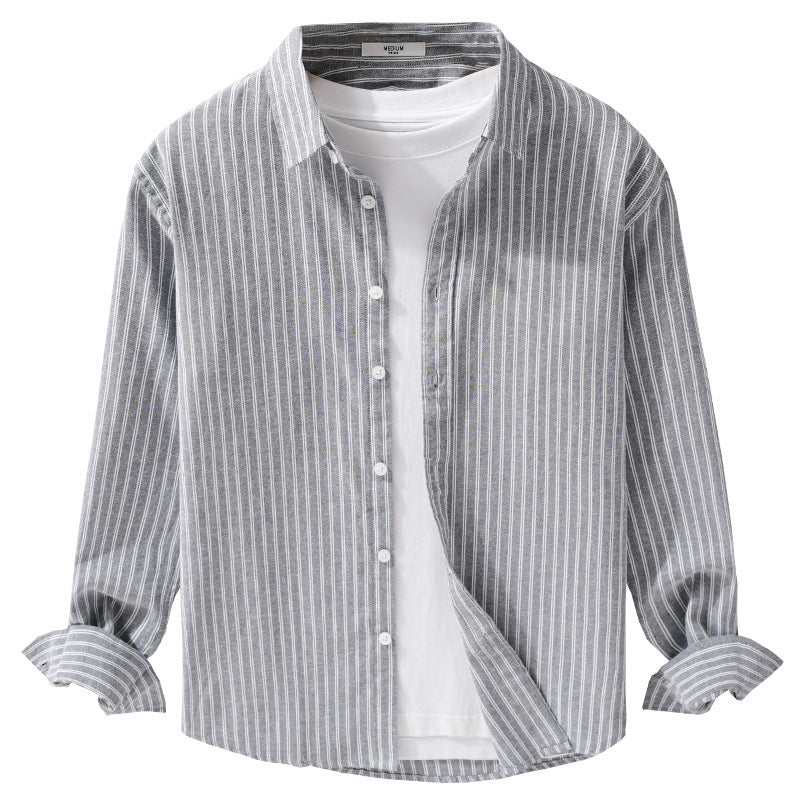 Men's Casual Linen-Cotton Long Sleeve Shirt with Fine Pinstripe, Easy-Care Finish and Curved Hem Chichicherry