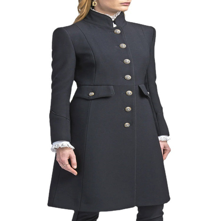 Women's Tailored Coat in Uniform Tailoring with Stand-Up Collar, Decorative Button Placket and Patch Pockets Chichicherry