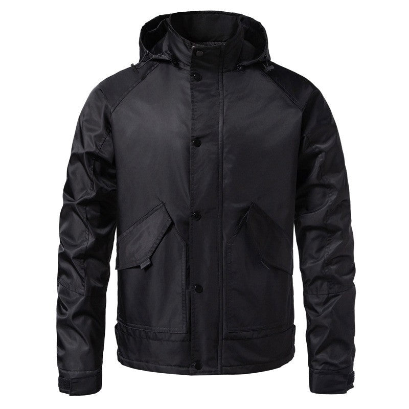 Men's Water-Repellent Hooded Jacket in Utility Style with Snap Button Placket and Flap Pockets Chichicherry