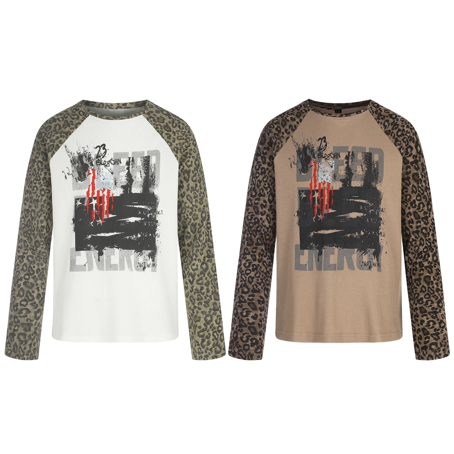 Women's Long Sleeve Shirt in Baseball Style with Leopard Sleeves and Graphic Print Chichicherry