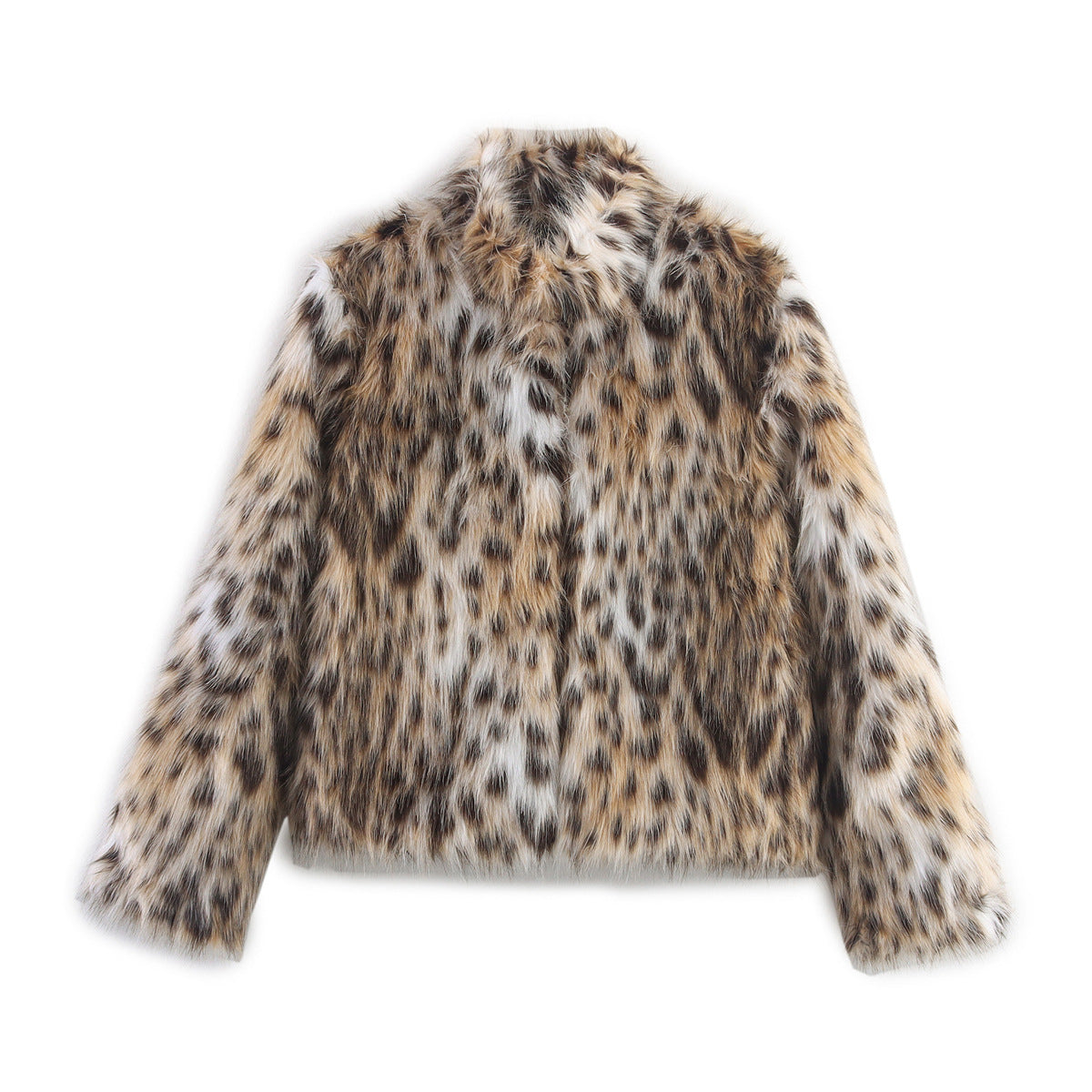 Women's short jacket made of faux fur in leopard print with boxy cut and stand-up collar Chichicherry