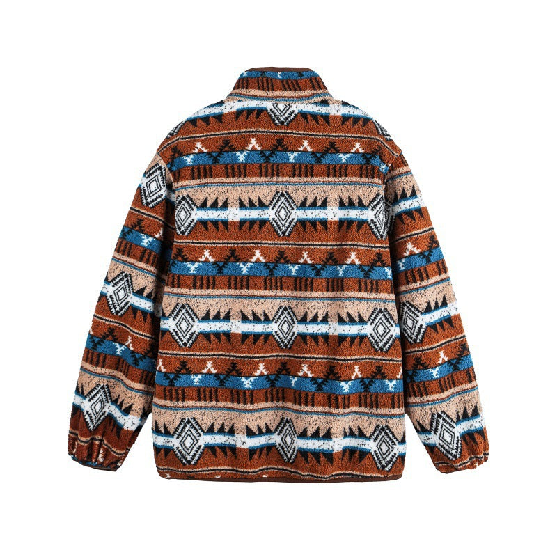 Unisex Fleece Pullover Half Zip with Aztec Pattern and High Stand-Up Collar Chichicherry