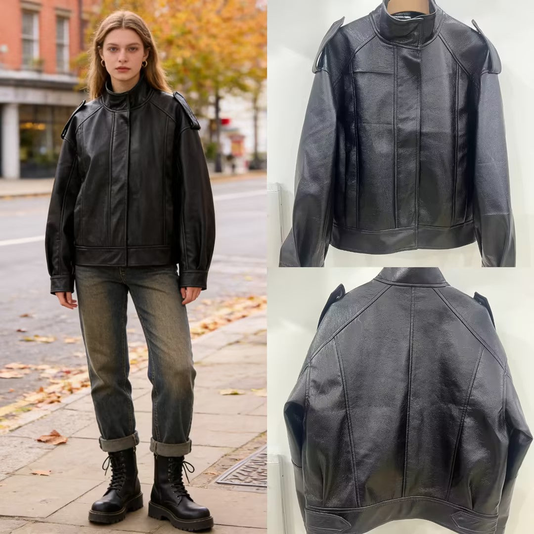 Women's Oversize Leather Jacket with Cut-Out Shoulder, Stand Collar and Structured Seams Chichicherry