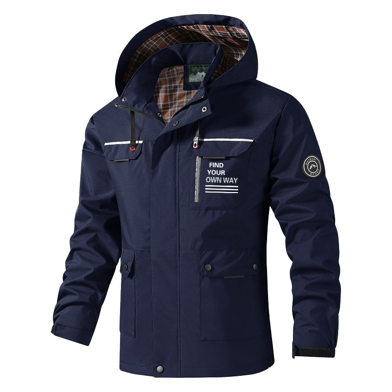 Men's Breathable Water-Resistant Hooded Outdoor Jacket with Checked Lining, Multifunctional Pockets & Adjustable Hood Chichicherry