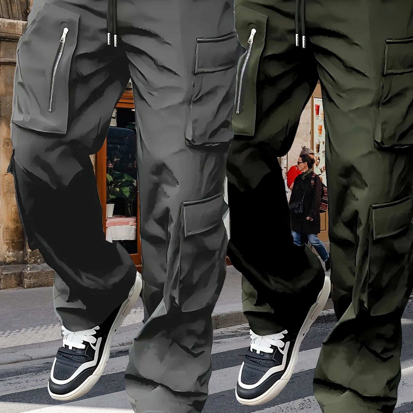 Men's loose utility cargo pants with drawstring waistband, multifunctional pockets & zip pocket Chichicherry