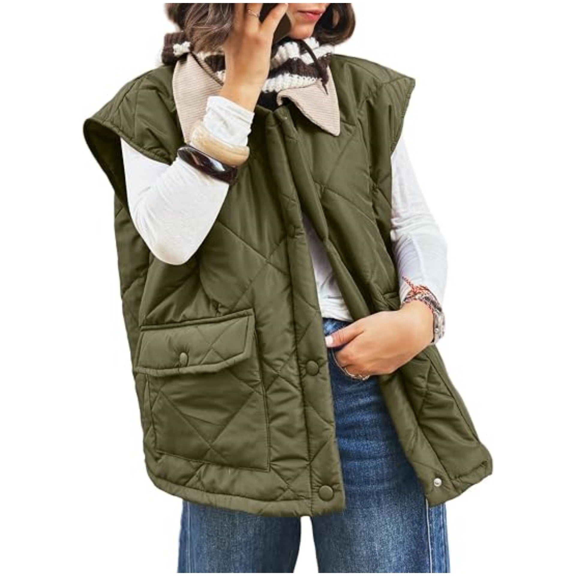 Women's Oversize Padded Vest with Snap Pockets and High Collar Chichicherry