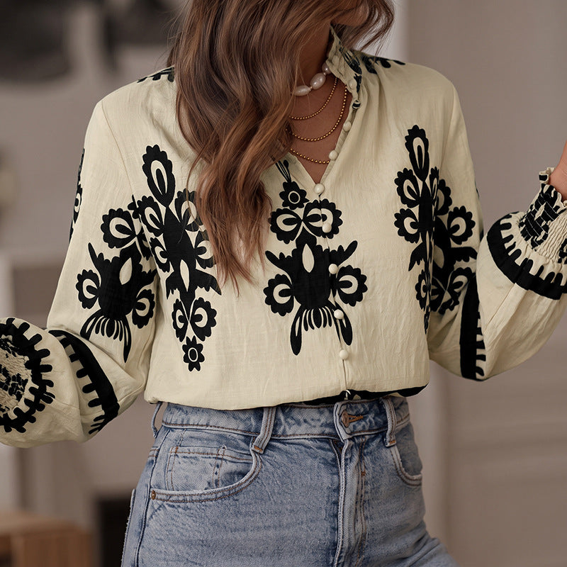 Women's Loose Blouse Shirt with Folk Print, Ruffled Collar and Smocked Sleeve Cuffs Chichicherry