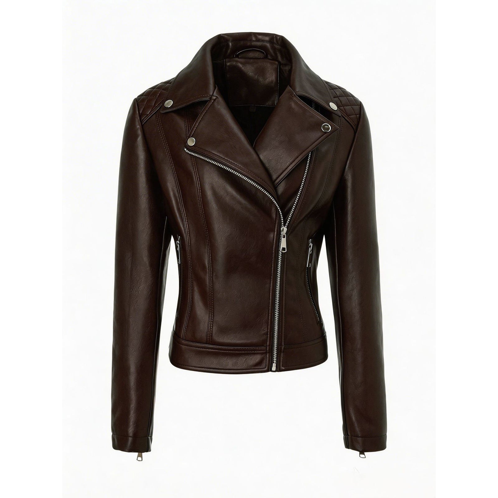 Women tailored biker leather jacket with quilted shoulders and asymmetric zipper Chichicherry