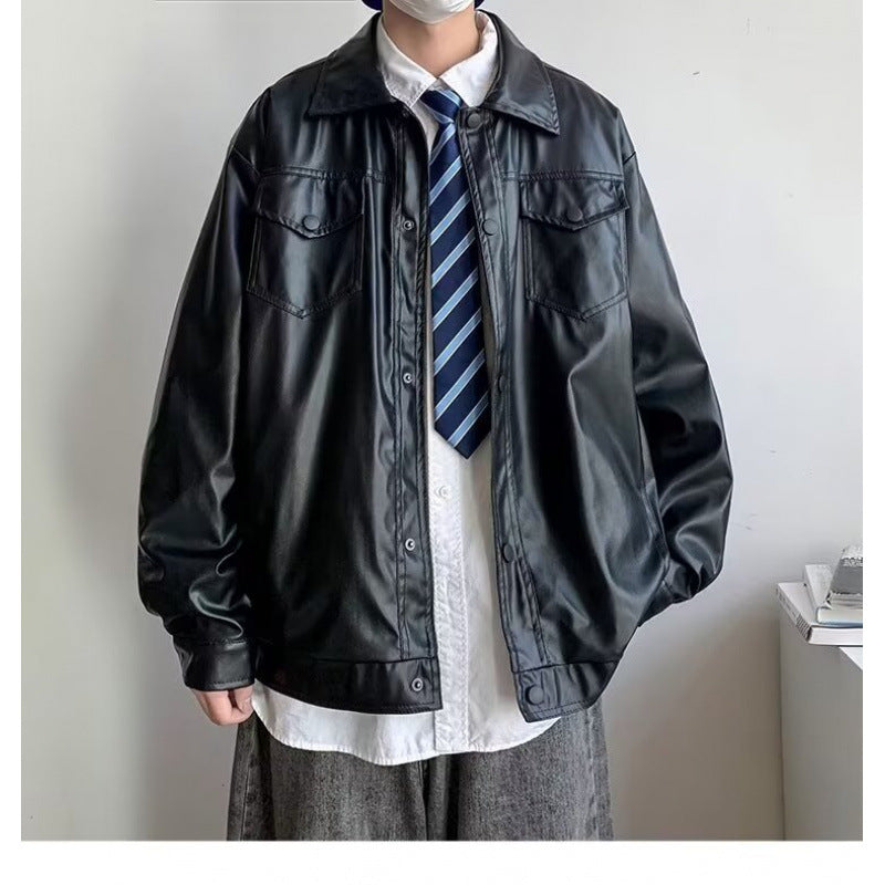 Herren Oversized Kunstleder-Hemdenjacke im Boxy-Look mit Pattentaschen und Druckknopfleiste Chichicherry