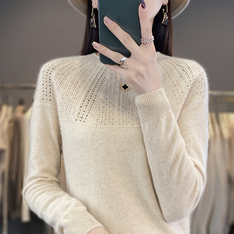 Ladies Soft Cashmere-Look Fine Knit Sweater with Ajour-Yoke and Sequin Trim Chichicherry