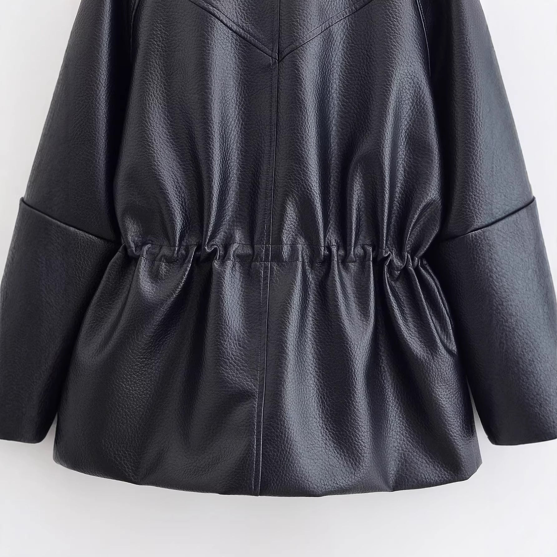 Women's Oversize Faux Leather Jacket with Stand-Up Collar, Drawstring Waist and Patch Pockets Chichicherry