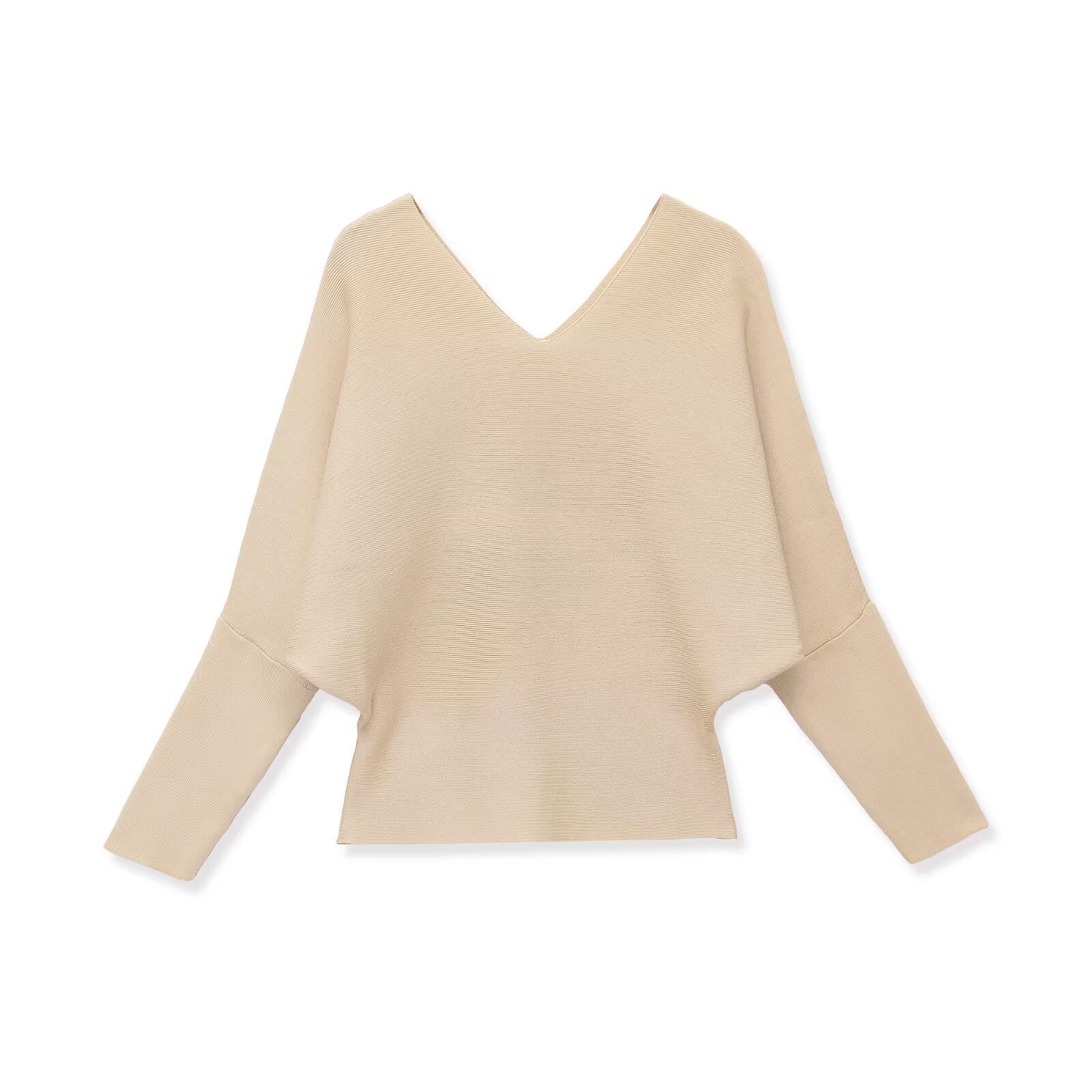Women's Soft Fine Knit Top with Batwing Sleeves and Deep V-Neck Chichicherry