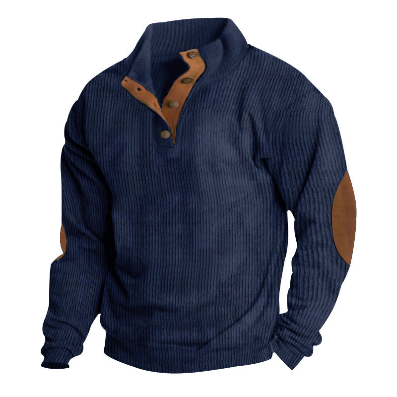 Men's Waffle Knit Henley Sweater with Stand-Up Collar and Elbow Patches Chichicherry