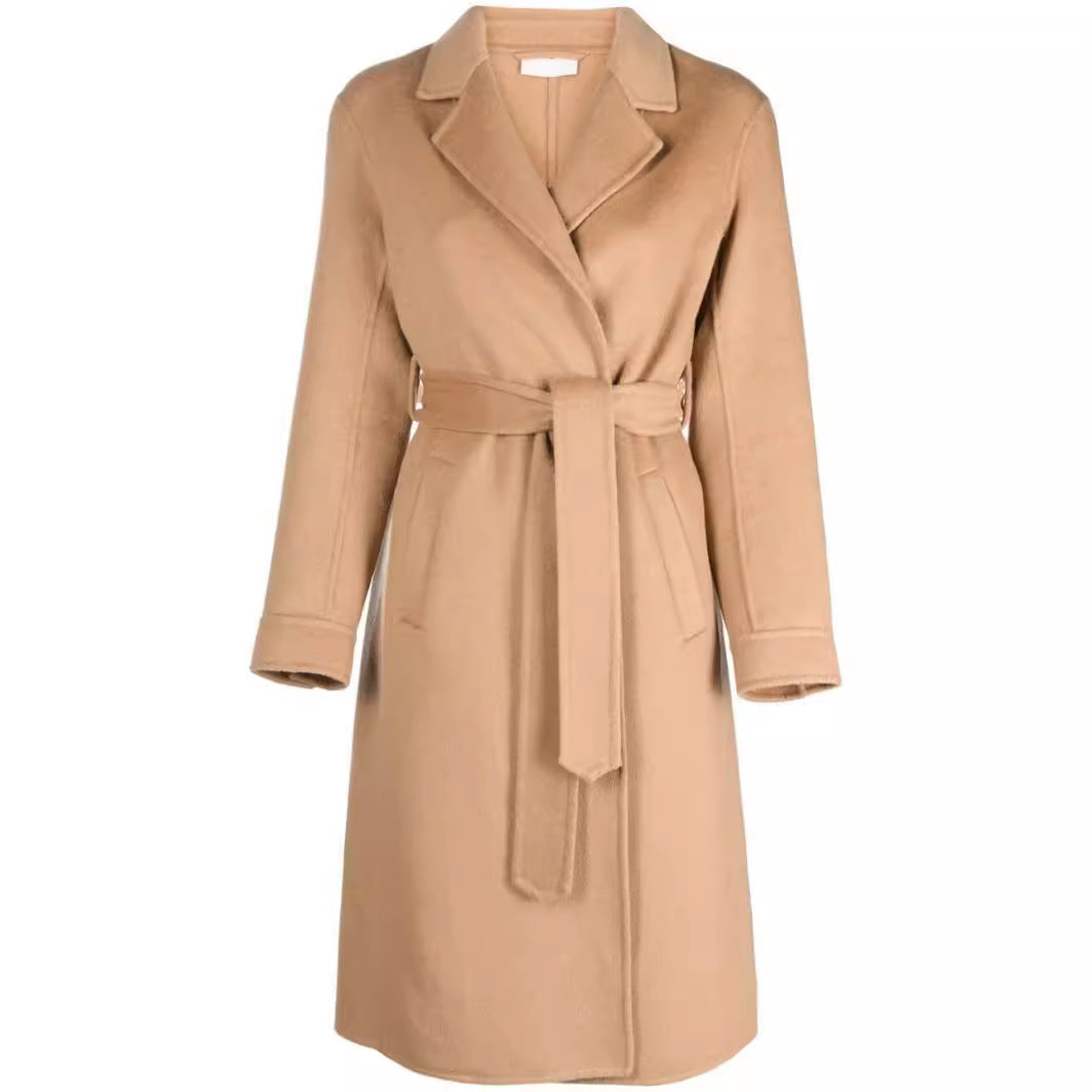 Women's Midi-Length Wrap Coat in Clean-Cut made of Wool-Cashmere Blend with Tie Belt Chichicherry