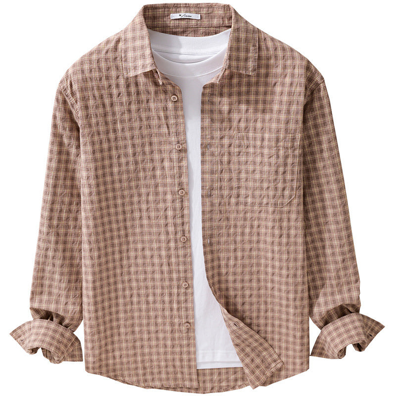 Men's Lightweight Checked Seersucker Shirt with Chest Pocket and Relaxed Fit Chichicherry