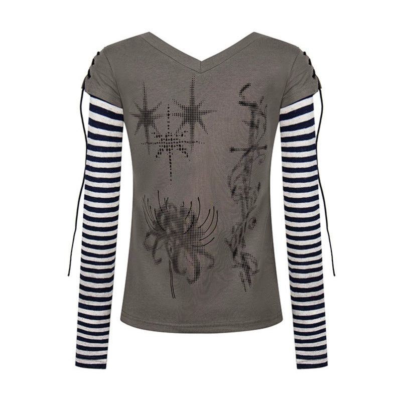 Women's Layered Long Sleeve Shirt with V-Neck, Striped Inner Layer and Lacing Detail Chichicherry