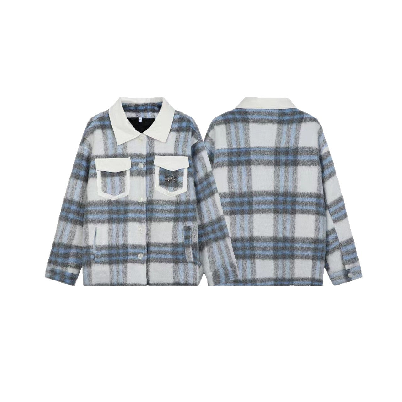 Women's Checked Wool Blend Shacket with Contrasting Faux Leather Collar Chichicherry