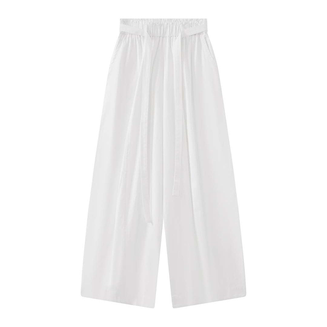 Women's Wide High-Waist Linen-Look Culotte Pants with Drawstring and Flowing Silhouette Chichicherry